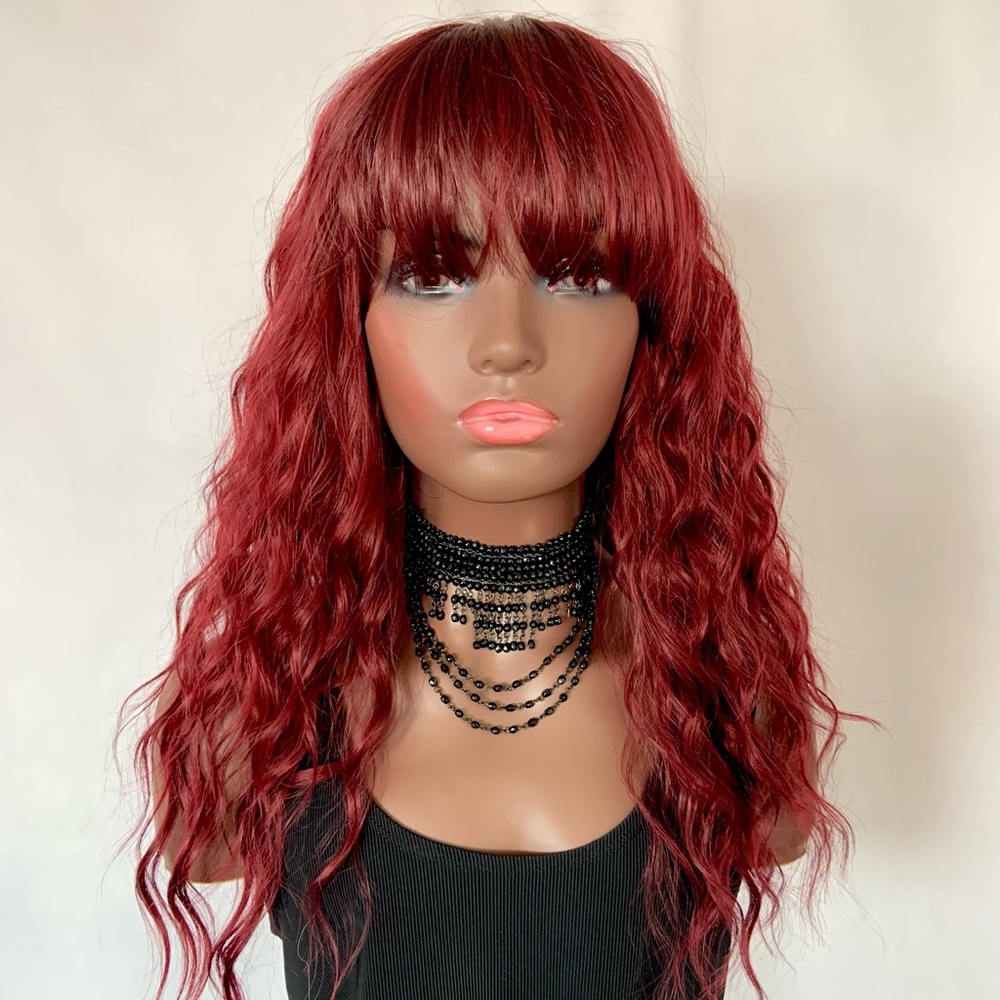 A Pretty Plum Burgundy Premium Fiber Wig with Bangs for Daily Wear or Events